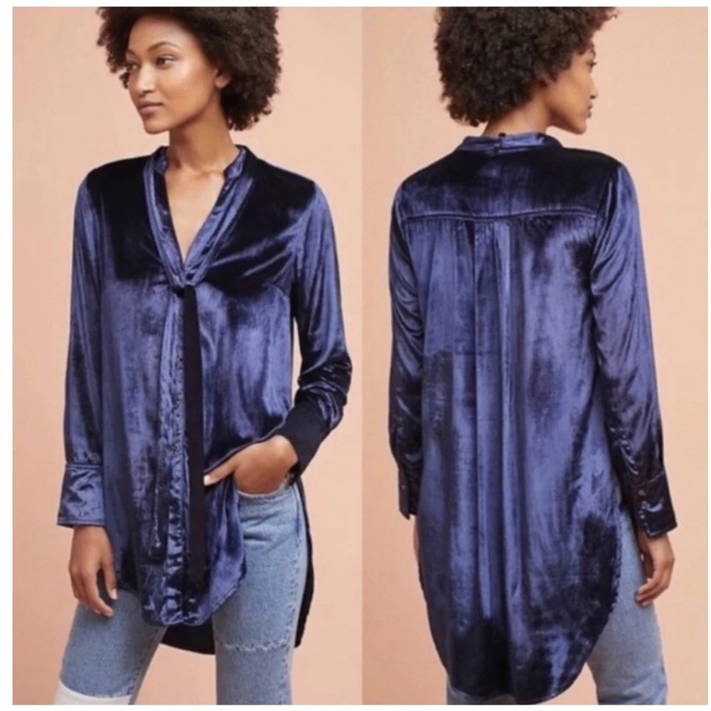 Maeve Anthropologie Blue Velvet Velour Button Front Tunic Blouse Women Size 6